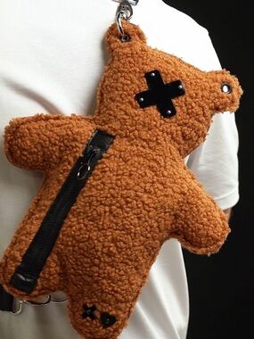 Spicybear Teddy Bear Boucle Cross-Eye Zip Pouch - brown crossbody backpack